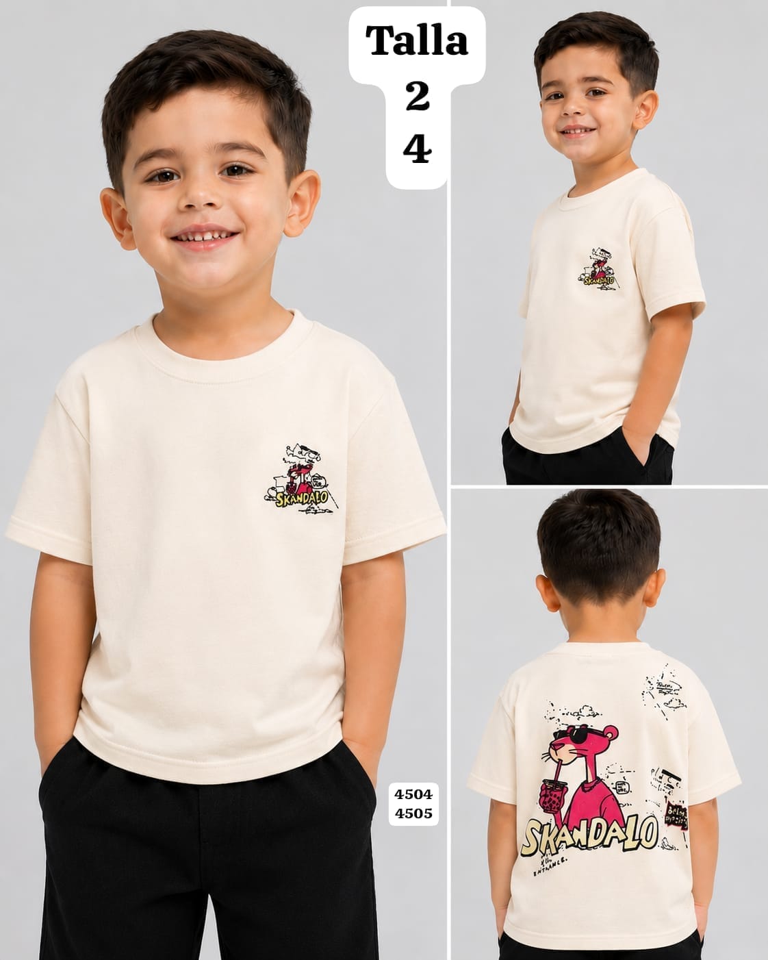 CAMISA BEIGE CON DIBUJO DA PANTERA ROSA DE NIÑO