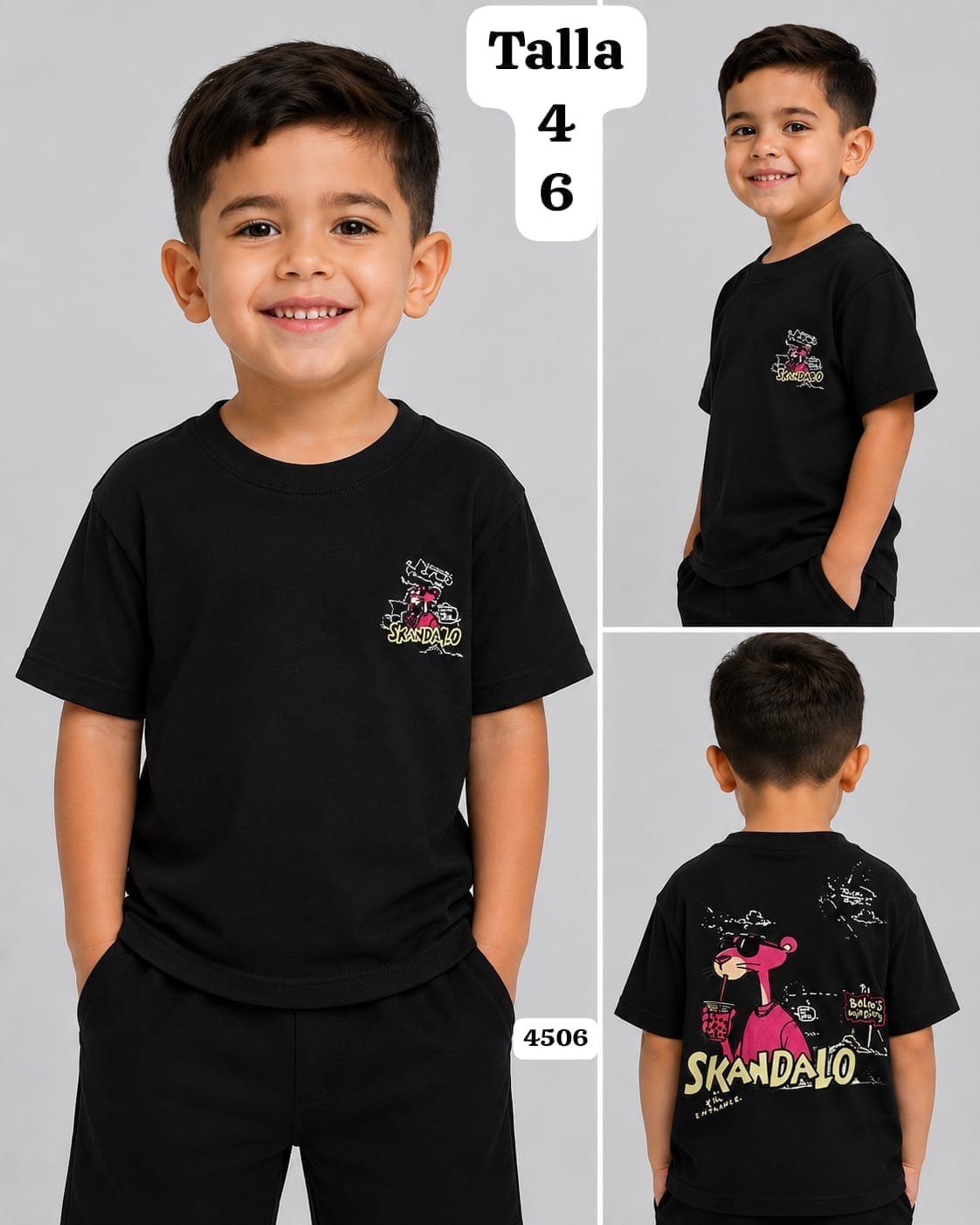 CAMISA NEGRA CON DIBUJO DA PANTERA ROSA DE NIÑO