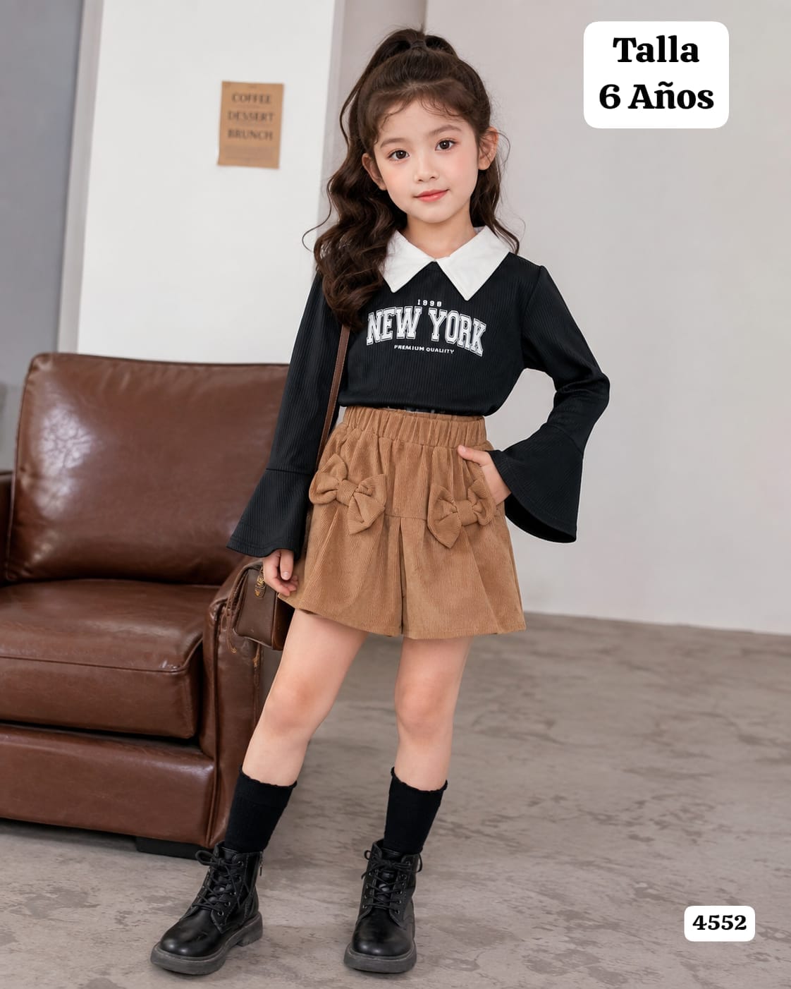 CONJUNTO DE CAMISA MANGA LARGA Y FALDA CAFE