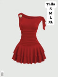 VESTIDO ROJO CON ROSA METALICA Y MANGA CAIDA DE MUJER
