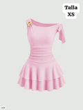 VESTIDO ROSA CON ROSA METALICA Y MANGA CAIDA DE MUJER