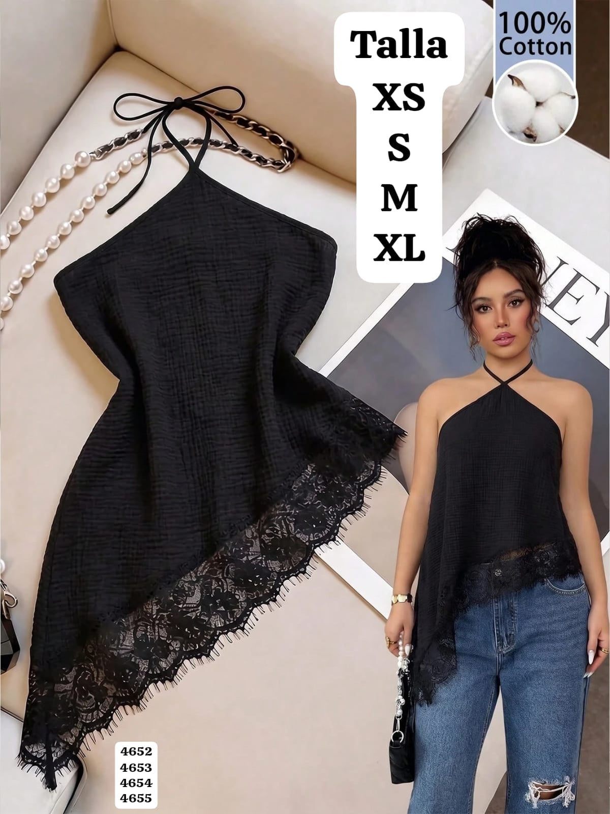 BLUSA NEGRA ASIMETRICA Y CON CORDON DE MUJER