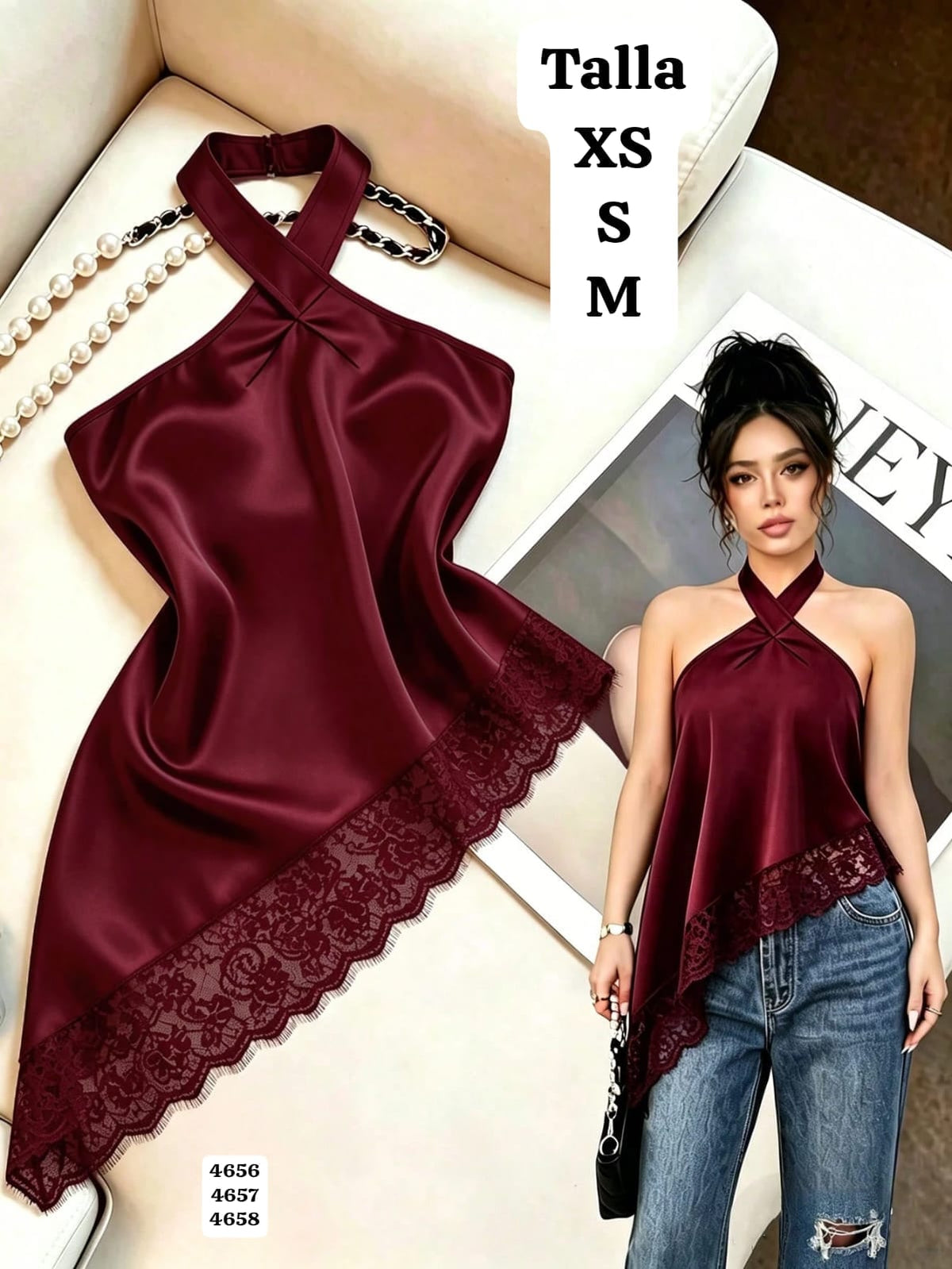 BLUSA CON CORTE ASIMETRICO Y BLONDA DE MUJER