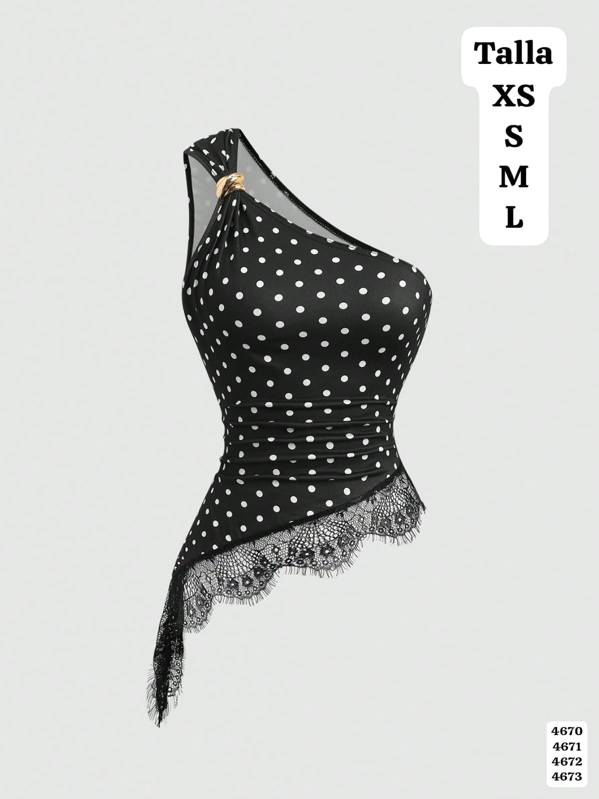 BLUSA CON LUNARES ASIMETRICA CON ACCESORIO DORADO