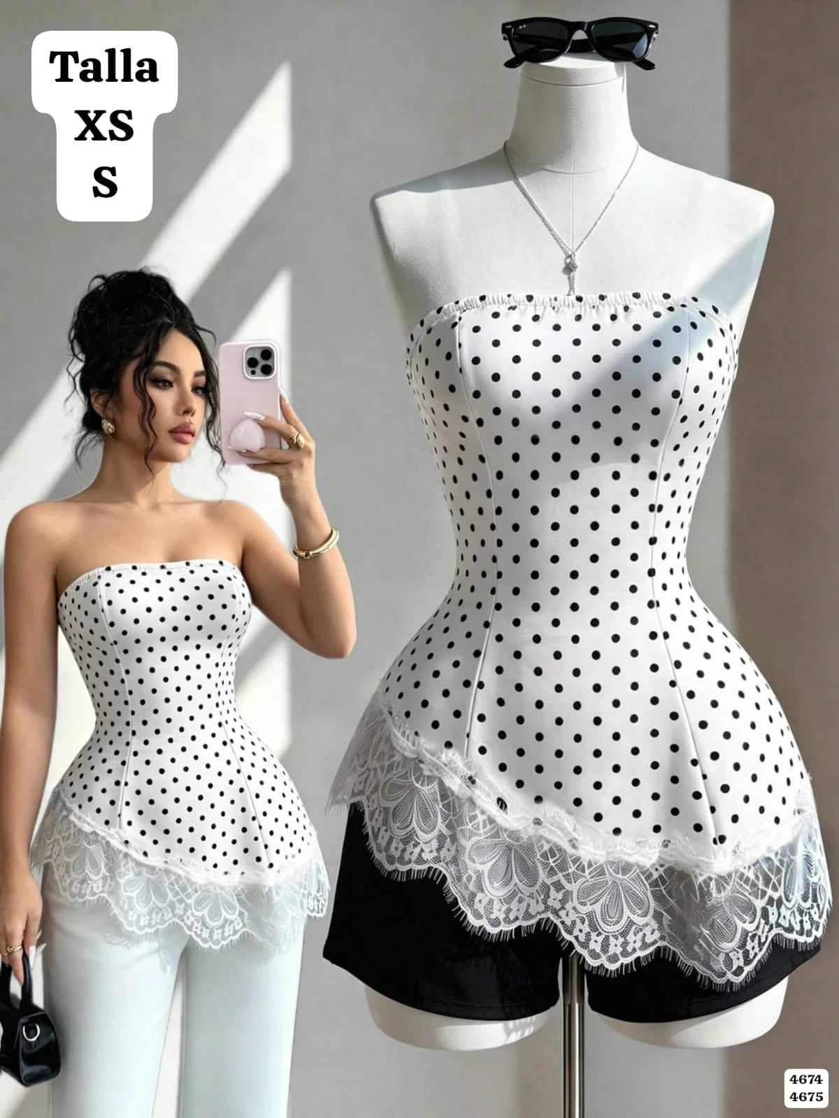 BLUSA ESTILO TOP BLANCA CON LUNARES DE MUJER