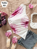 BLUSA BLANCA DE UNA MANGA CON FLOR ROSA DE MUJER