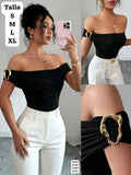 BLUSA MANGA CAIDA NEGRA CON ACCESORIO DORADO DE MUJER