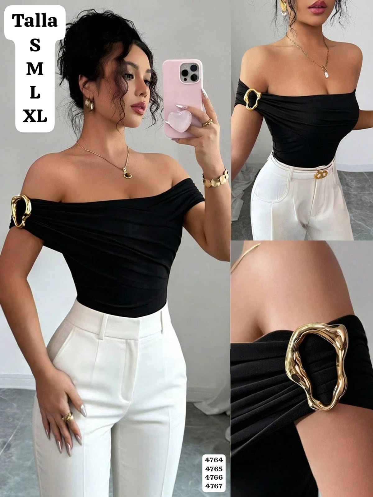 BLUSA MANGA CAIDA NEGRA CON ACCESORIO DORADO DE MUJER