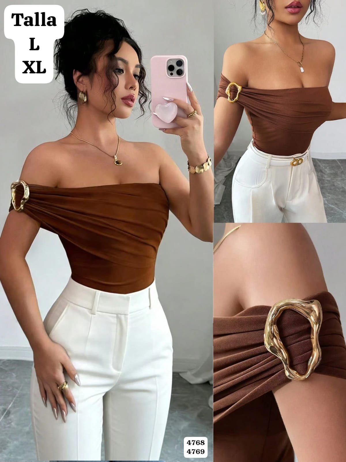 BLUSA MANGA CAIDA CAFE CON ACCESORIO DORADO DE MUJER