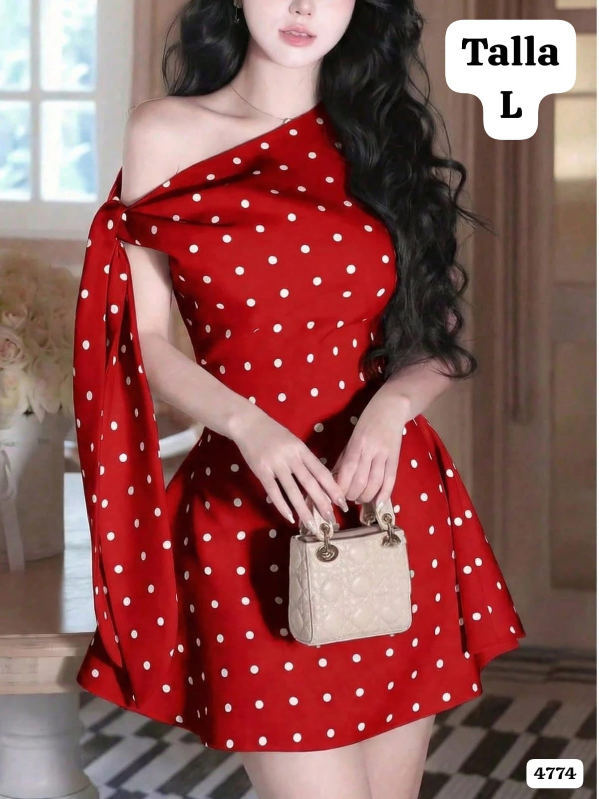VESTIDO ROJO CON LUNARES BLANCOS DE MUJER