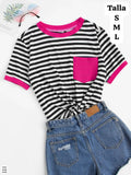 CAMISA RAYADA CON BORDES ROSA DE MUJER