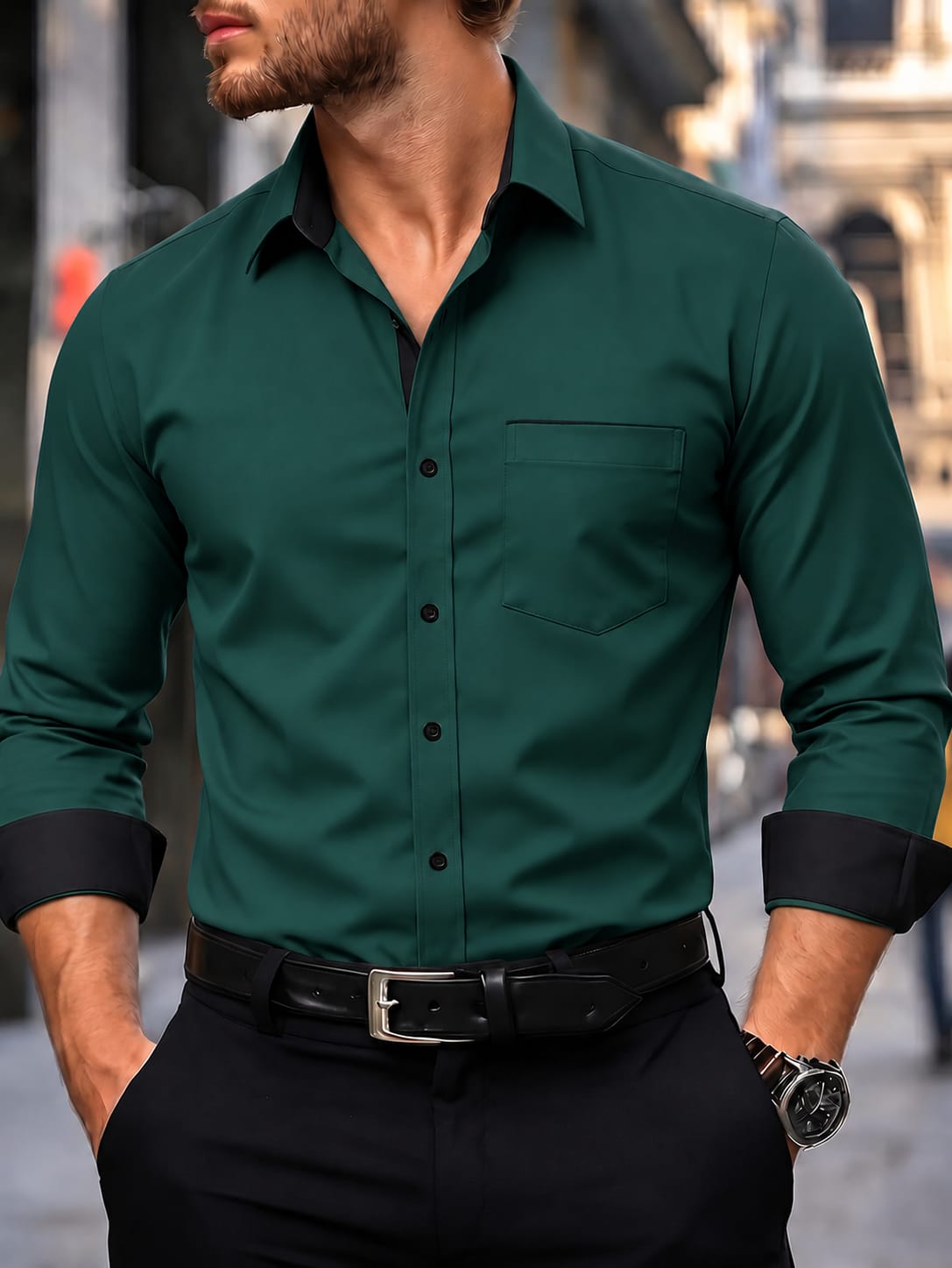 CAMISA VERDE AZULADO MANGA LARGA CON BOTONES NEGROS DE HOMBRE