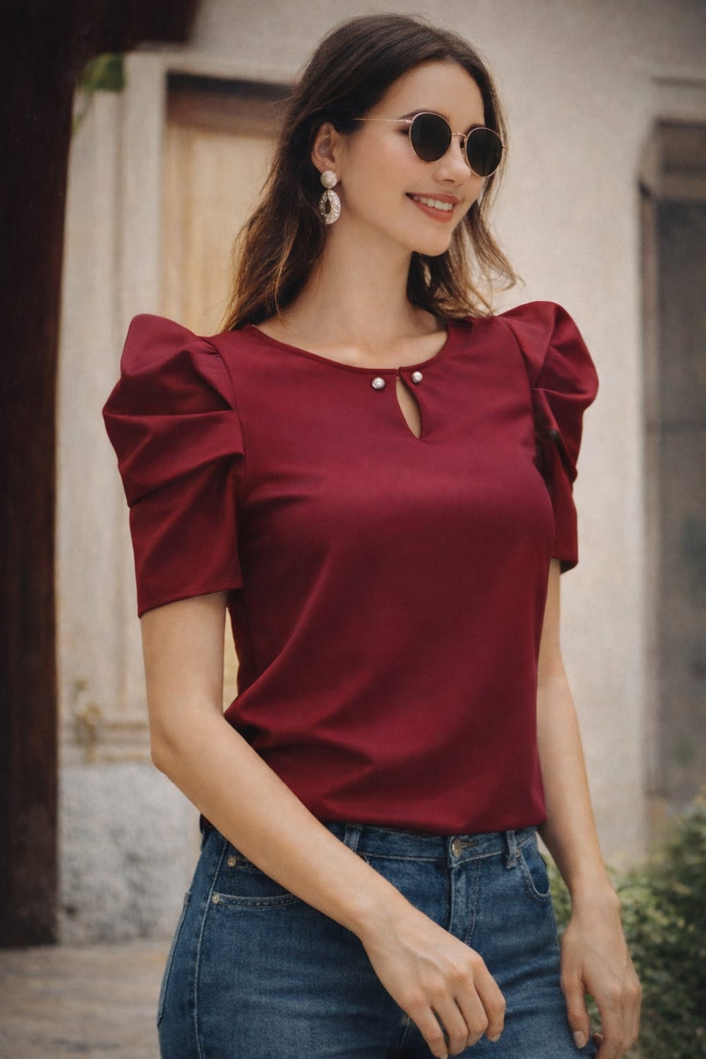 CAMISA DE DAMA CON MANGA Y ABERTURA EN EL CUELLO