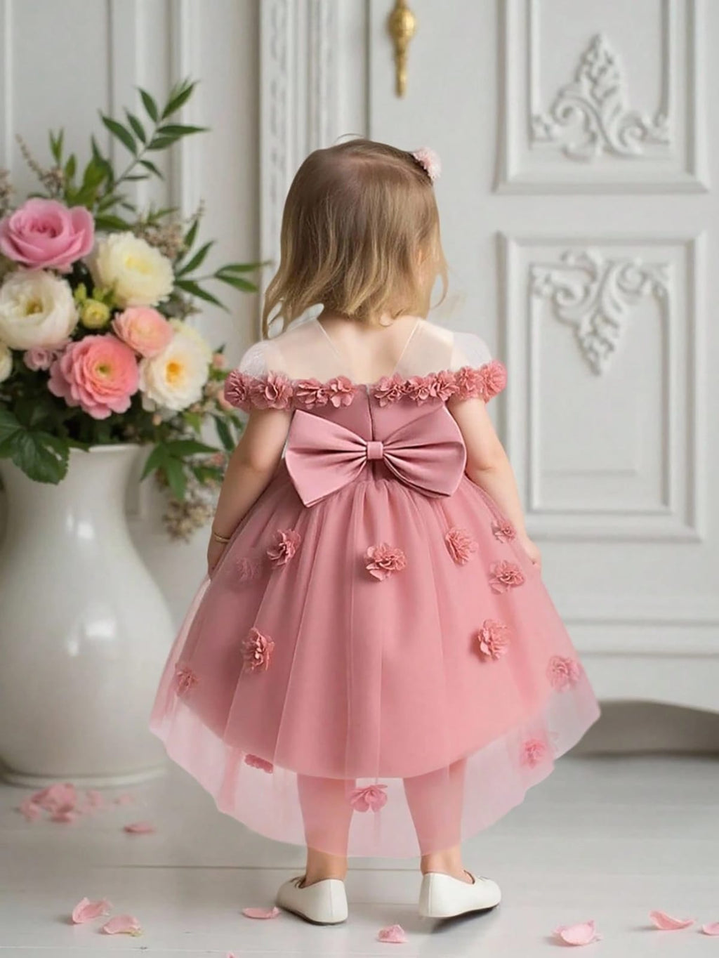 VESTDIDO DE NIÑA CON LAZO DE MALLA 3D FLORAL