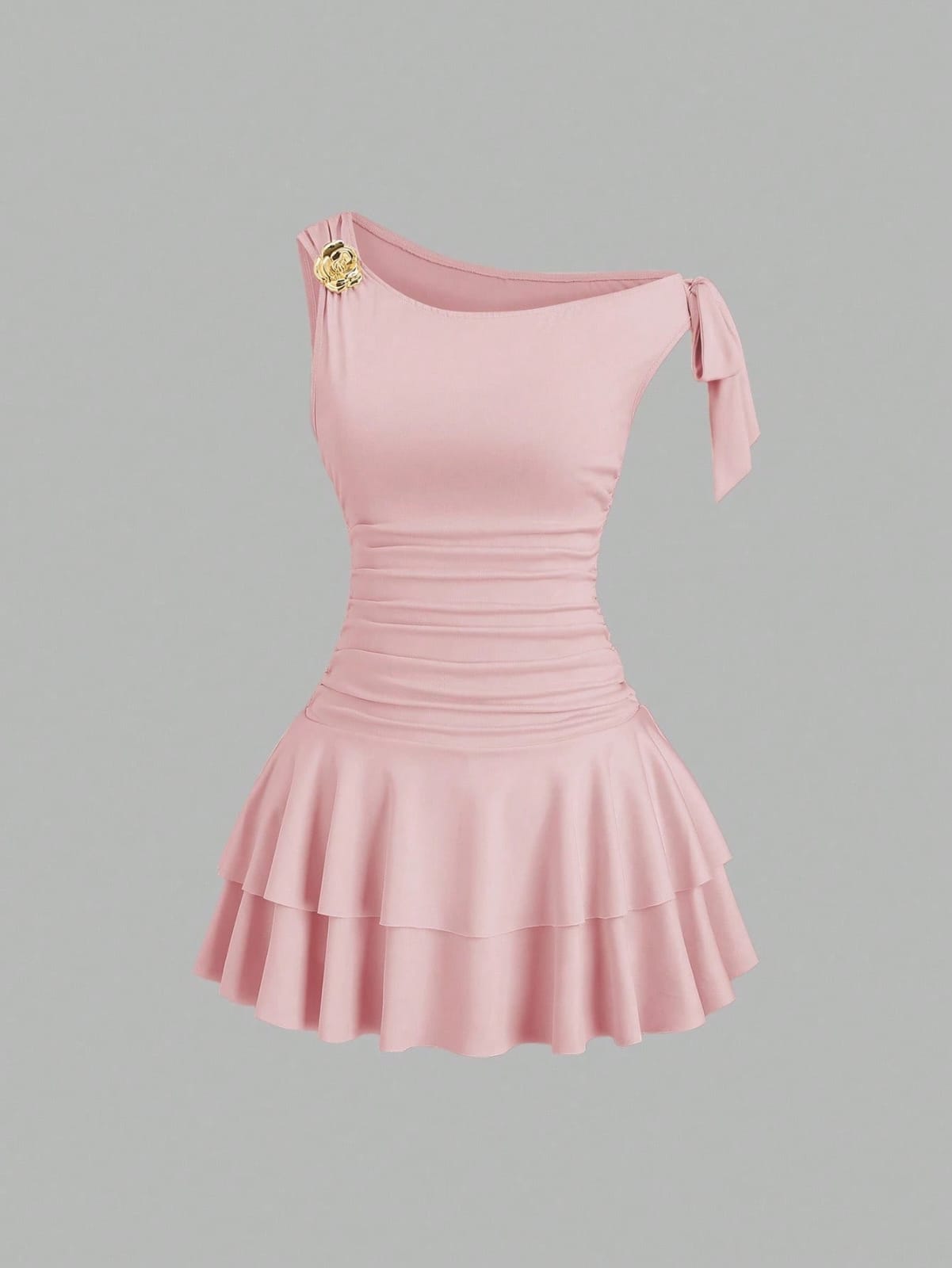 VESTIDO DE MUJER MANGA CAIDA CON ROSA METALICA