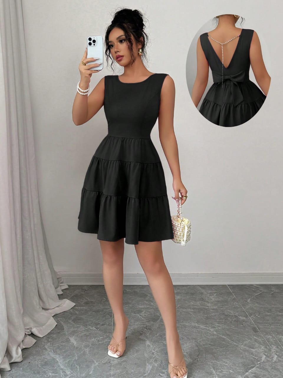 VESTIDO CORTO DE MUJER CON LAZO EN LA ESPALDA