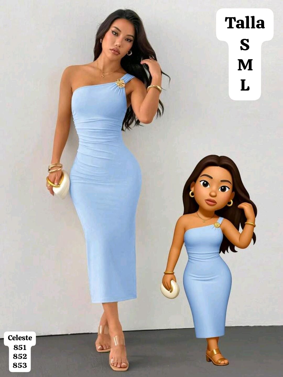 VESTIDO CELESTE Y AJUSTADO CON DIJE Y CUELLO ASIMETRICO DE MUJER
