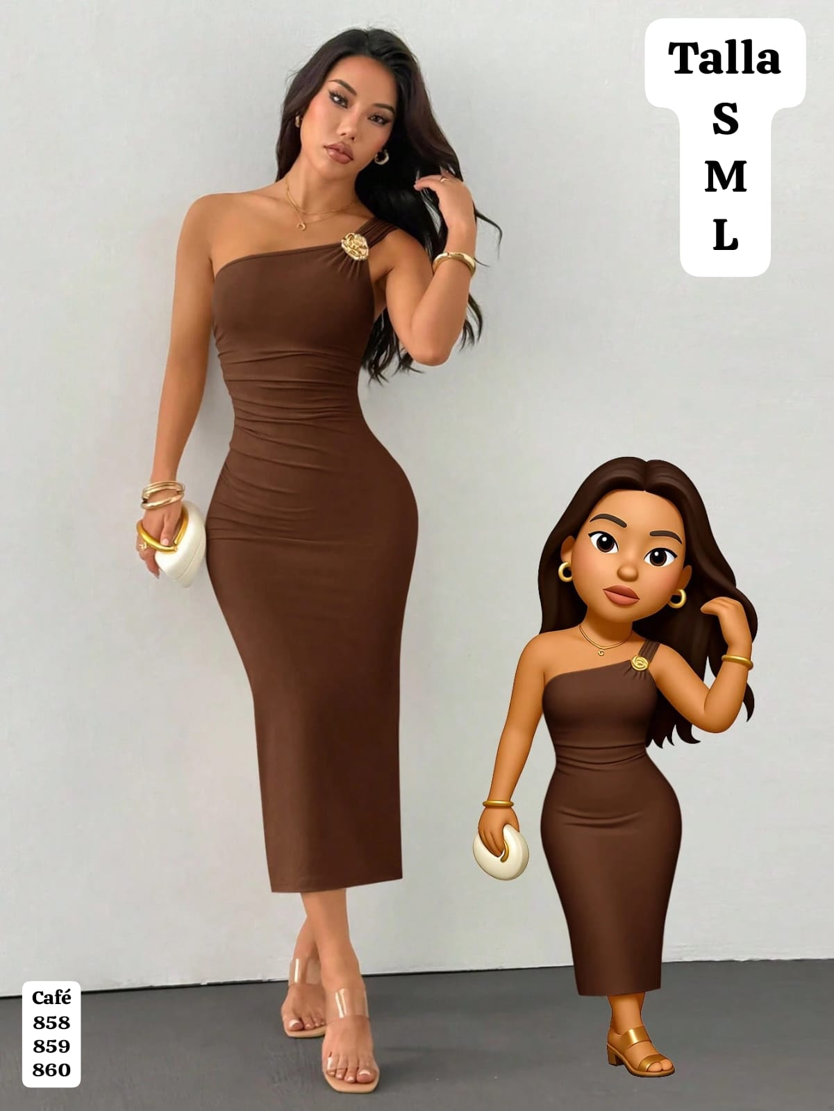 VESTIDO CAFÈ Y AJUSTADO CON DIJE Y CUELLO ASIMETRICO DE MUJER