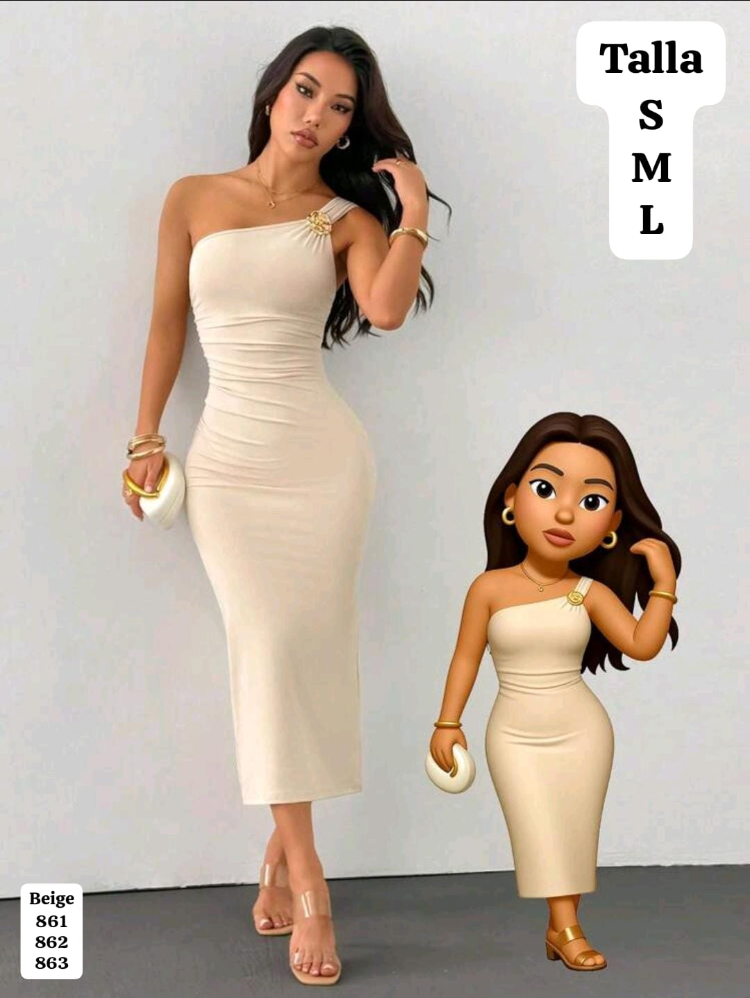 VESTIDO BEIGE Y AJUSTADO CON DIJE Y CUELLO ASIMETRICO DE MUJER