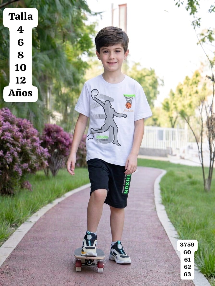 CONJUNTO DE CAMISETA BLANCA Y SHORT NEGRO DE NIÑO