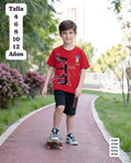CONJUNTO DE CAMISETA ROJA Y SHORT NEGRO DE NIÑO