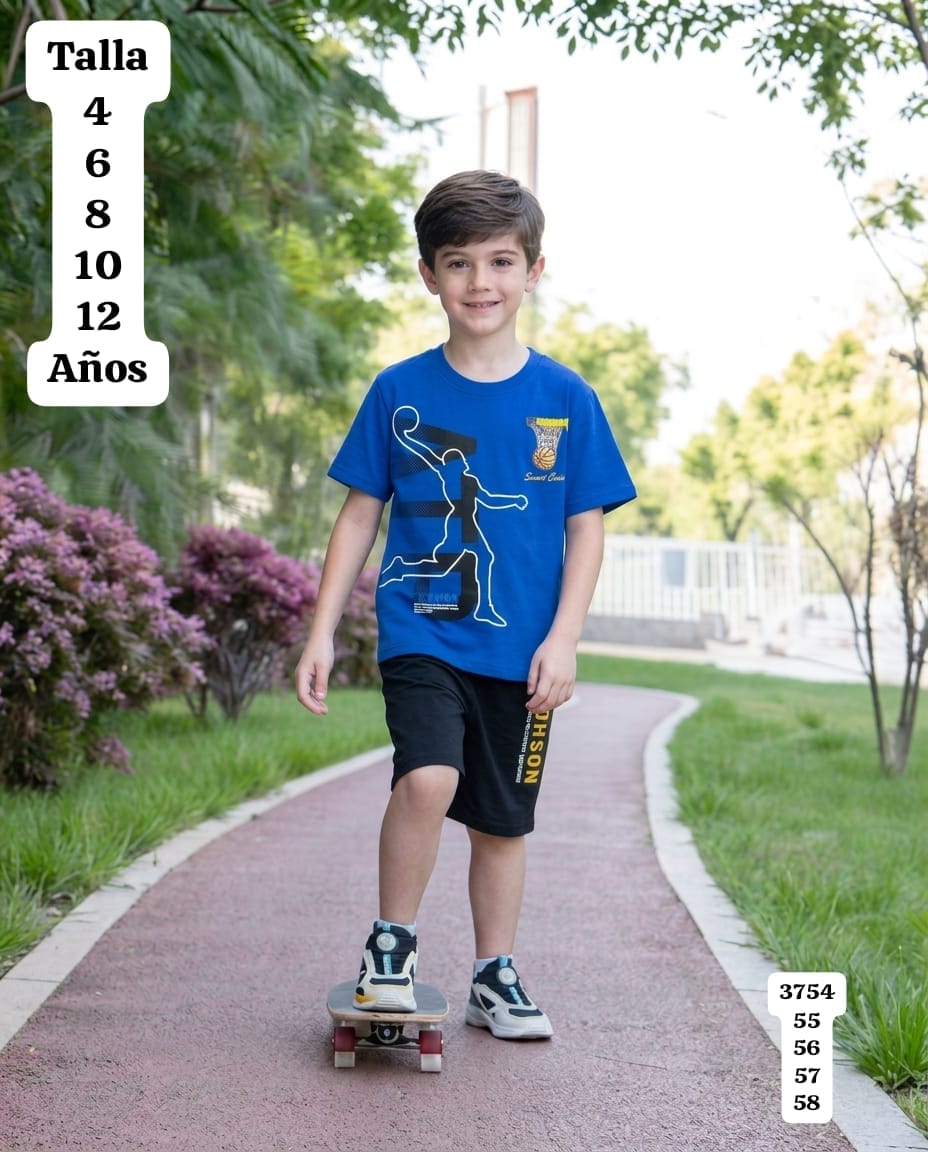 CONJUNTO DE CAMISETA AZUL Y SHORT NEGRO DE NIÑO