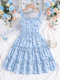 VESTIDO COLOR CELESTE CON FLORES TALLA 8 AÑOS 00002940