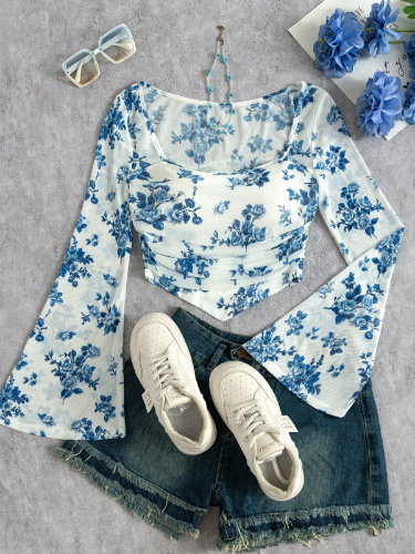CAMISA MANGA LARGA FLOREADA AZUL   TALLA M 0005677