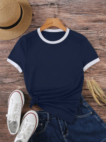 CAMISA AZUL CON BORDES BLANCOS DE MUJER