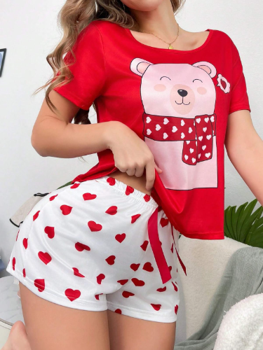 PIJAMA DE MUJER CAMISA DE OSO Y SHORT BLANCO CON CORAZON TALLA M 00003797