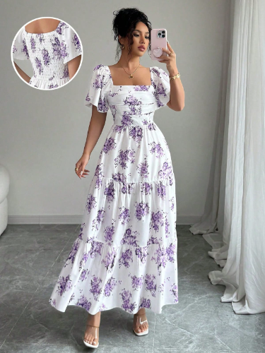 VESTIDO BLANCO CON FLORES MORADAS TALLA L 0007147